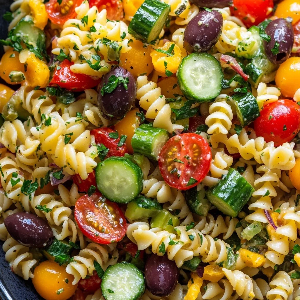 Sałatka makaronowa w stylu Olive Garden z różnymi składnikami i dressingiem
