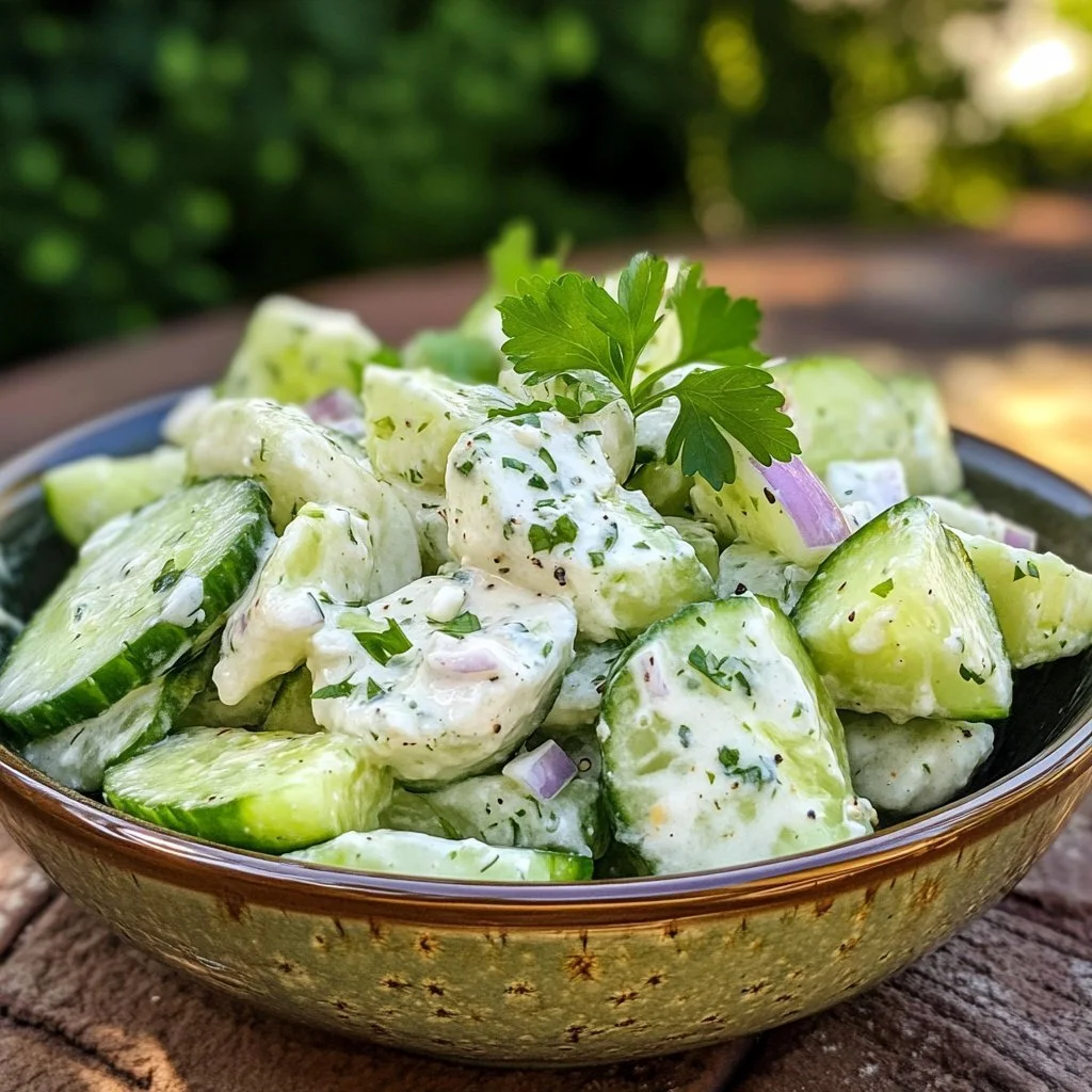 Sałatka z ogórków w sosie Ranch podana na talerzu