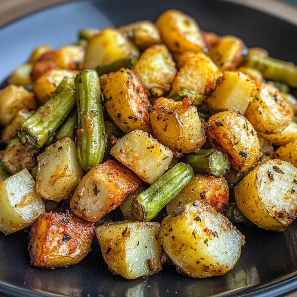 Smażony okra podany z ziemniakami na talerzu