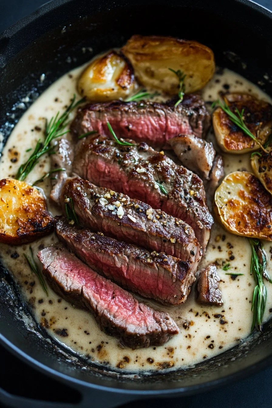 Stek czosnkowy w sosie śmietanowym z parmezanem