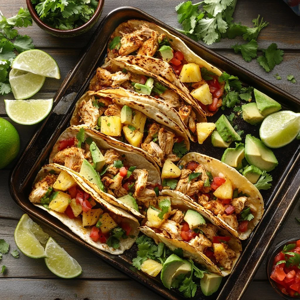Tacos z kurczakiem i ananasem w jednym naczyniu na talerzu