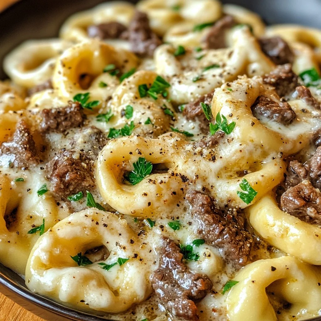 Tortellini z Philly Cheesesteak na talerzu z dodatkami