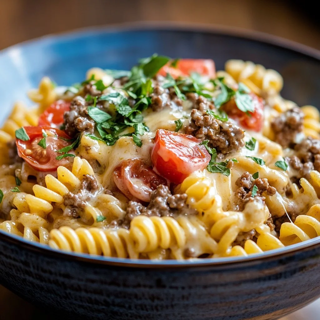 Makaron Alfredo z serem i cheeseburgerem na talerzu