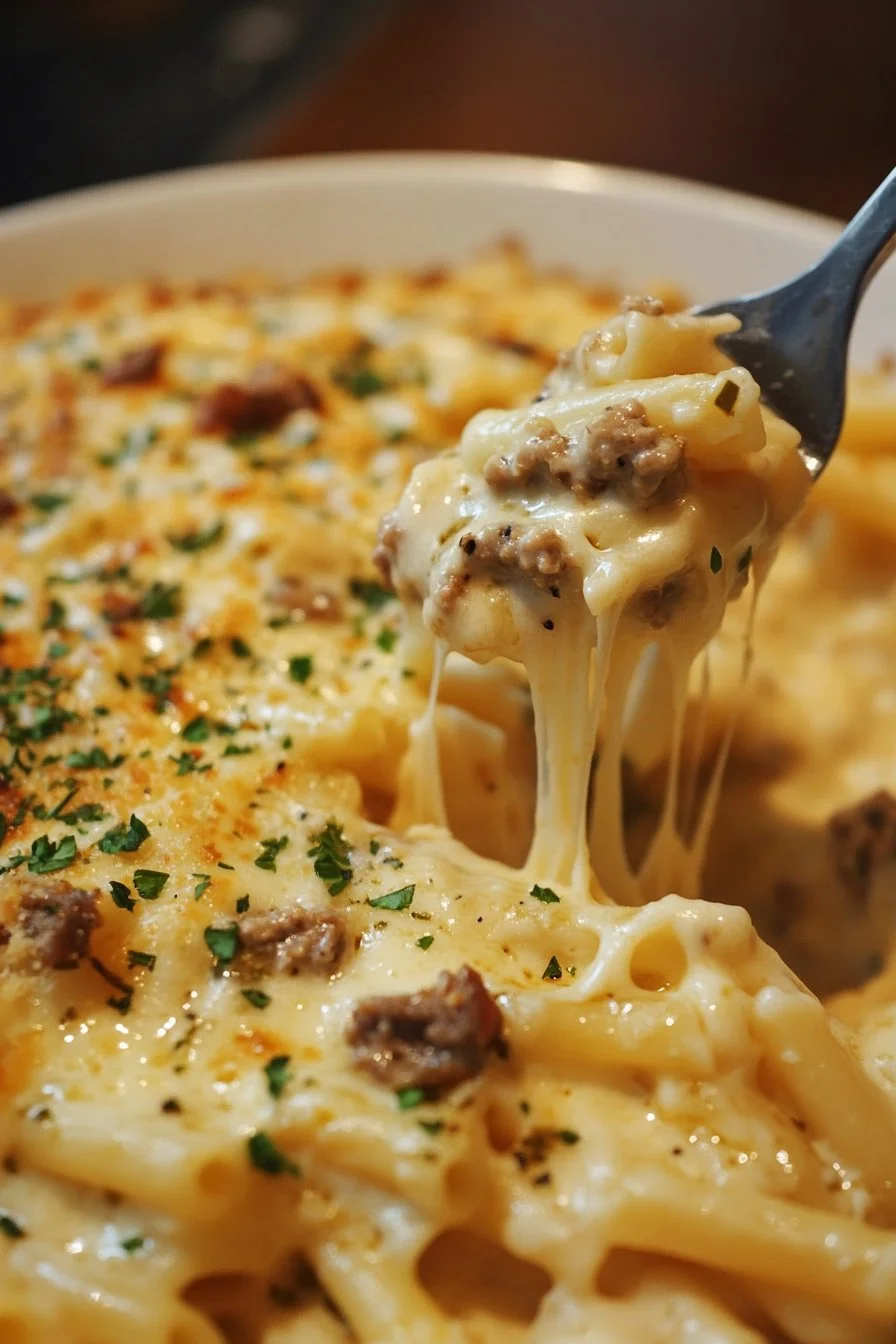 Z pełną naładowaną serem porcją makaronu Alfredo z cheeseburgerem