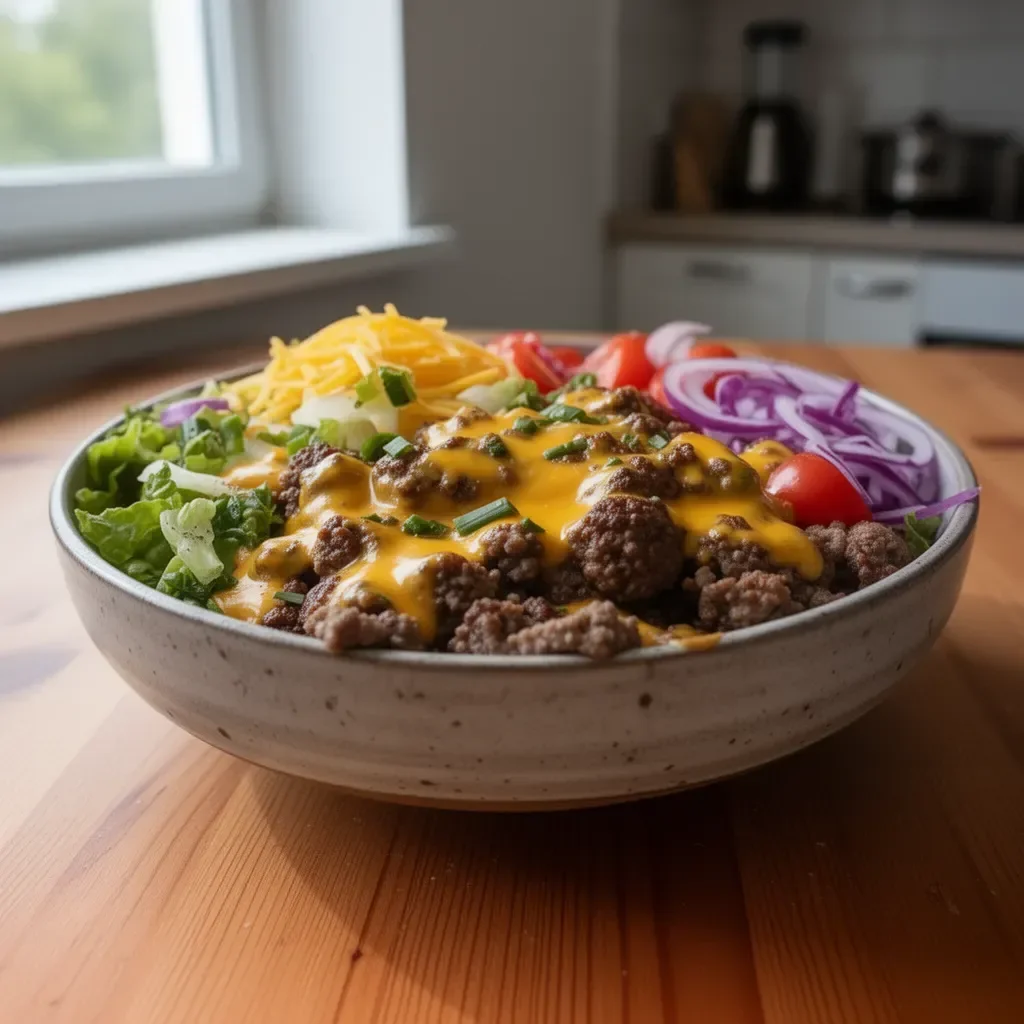 Bowle z cheeseburgerami o wysokiej zawartości białka, zdrowe i smaczne posiłki