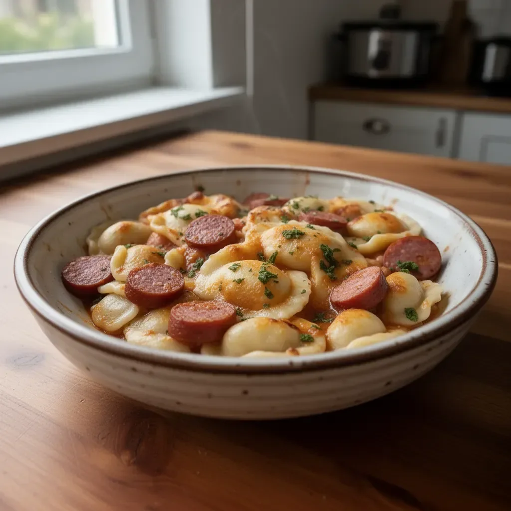 Crock Pot Casserole z pierogami i kiełbasą w naczyniu do gotowania