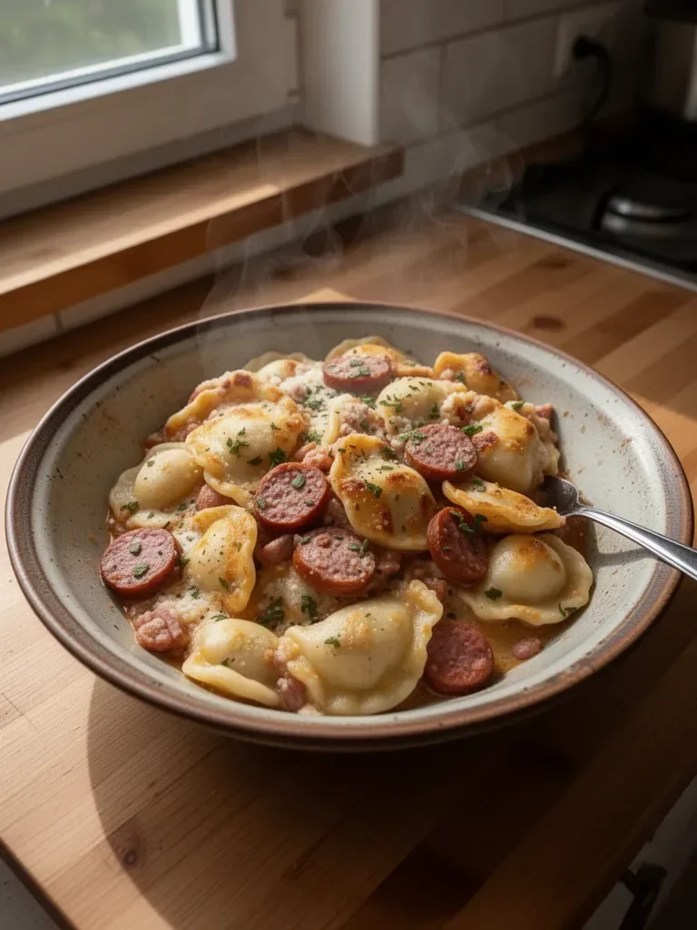 Crock Pot Casserole z Pierogami i Kiełbasą