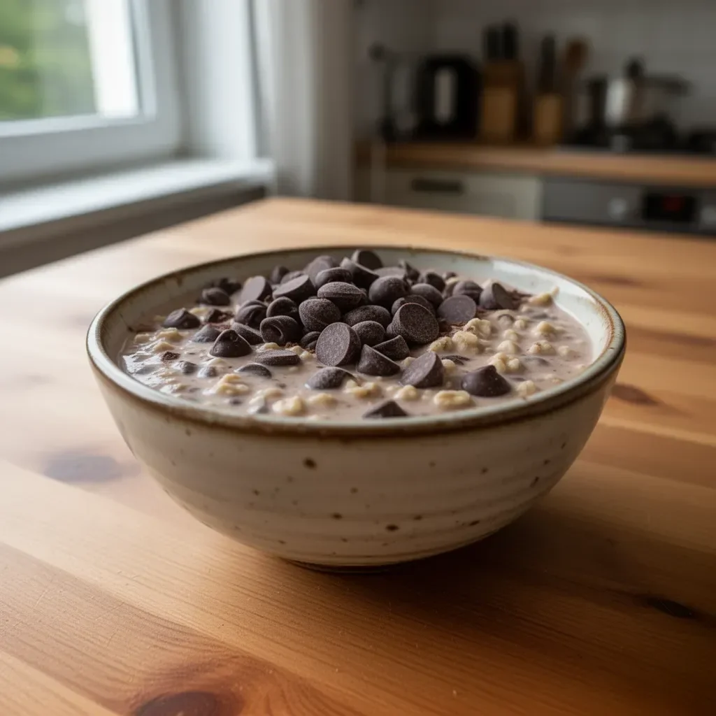 Czekoladowe proteinowe owsianki na noc w misce z dodatkami.