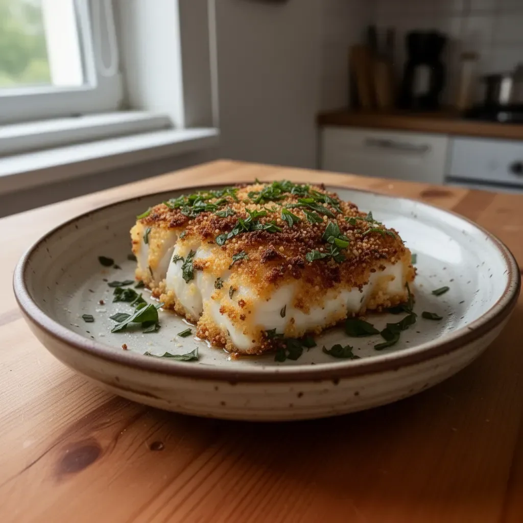 Czosnkowo-Parmezanowy Halibut z aromatycznym czosnkiem i serem parmezanowym