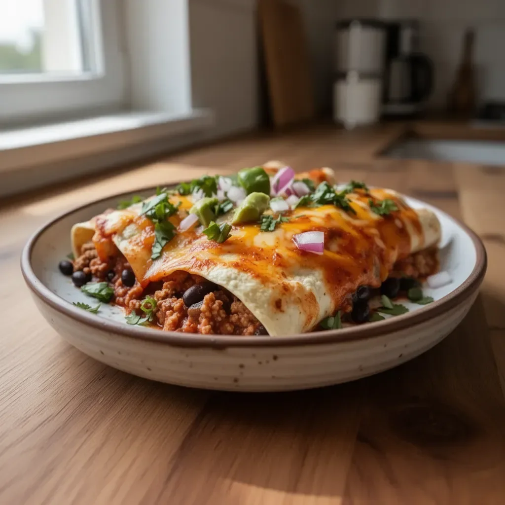 Enchiladas z indyka i czarnej fasoli na talerzu, podane z sosami i dodatkami.