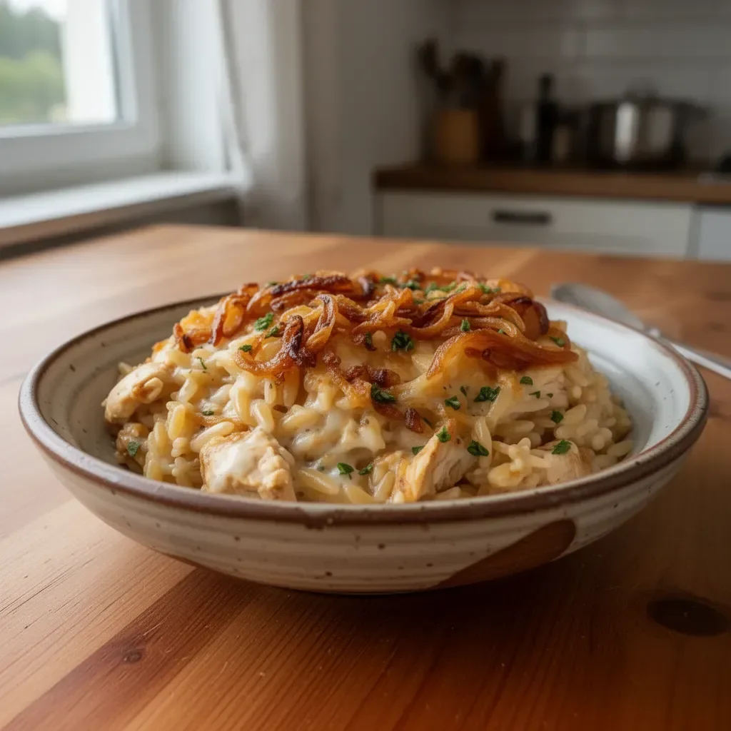 Francuski cebulowy casserole z kurczakiem i orzo na talerzu