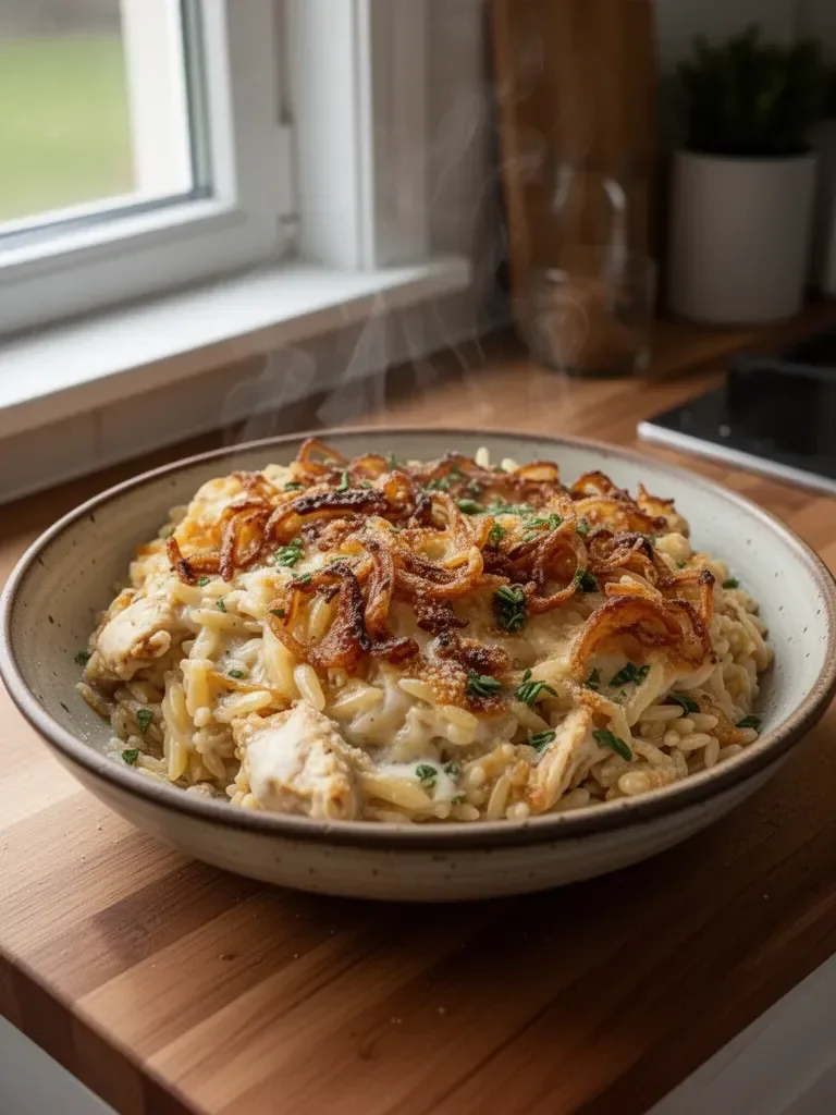 Francuski Cebulowy Casserole z Kurczakiem i Orzo