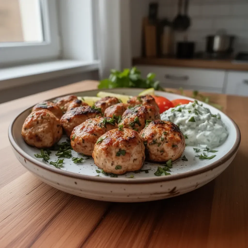 Greckie klopsiki z indyka podane z sosem tzatziki
