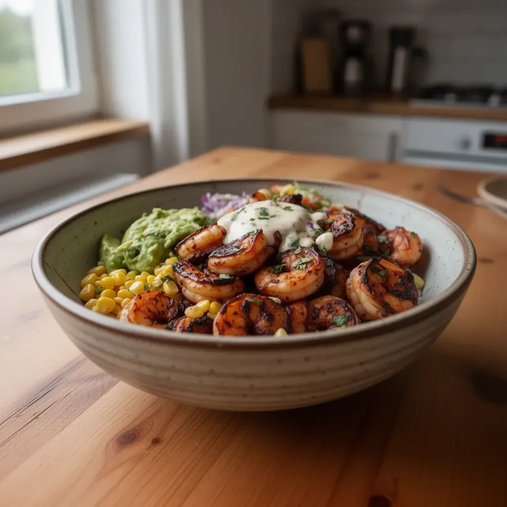 Grillowany bowl z krewetkami, awokado i salsą kukurydzianą