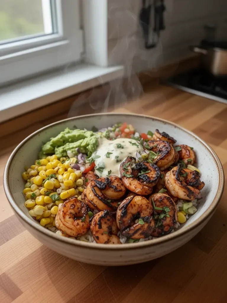 Grillowany bowl z krewetkami, awokado, salsą kukurydzianą i kremowym sosem czosnkowym