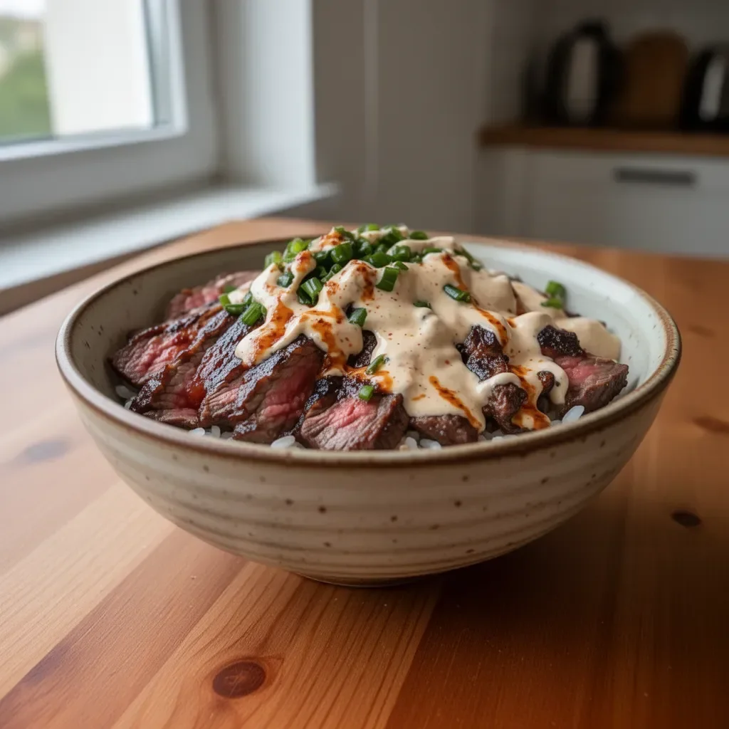 Koreańskie miski ryżowe z soczystym stekiem BBQ na tle tradycyjnych potraw.