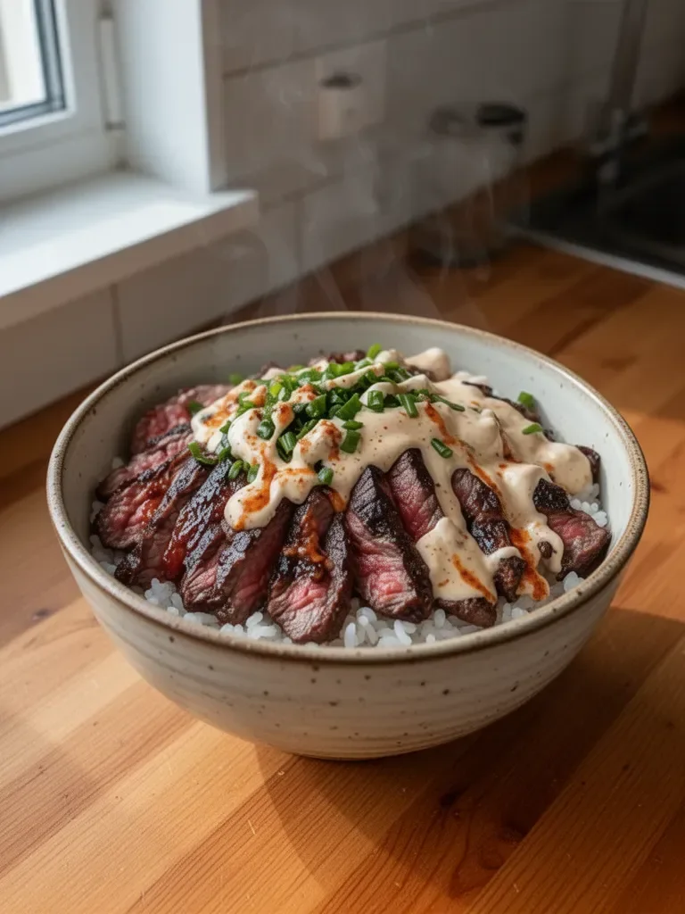 Koreańskie miski ryżowe z stekiem BBQ