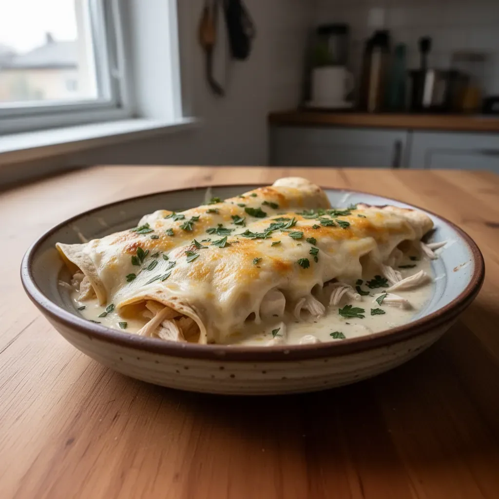 Kremowe enchilady z kurczakiem na talerzu, apetyczne danie meksykańskie.