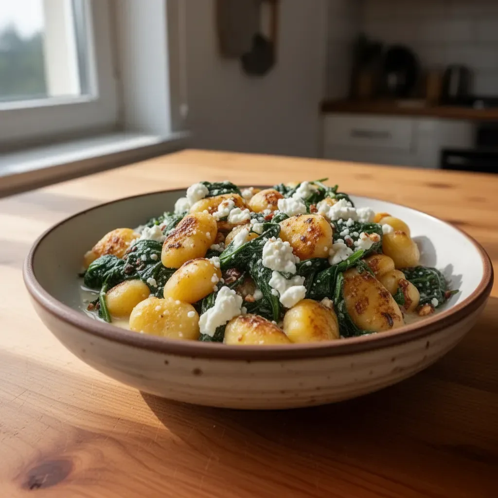 Kremowe gnocchi ze szpinakiem i fetą na talerzu