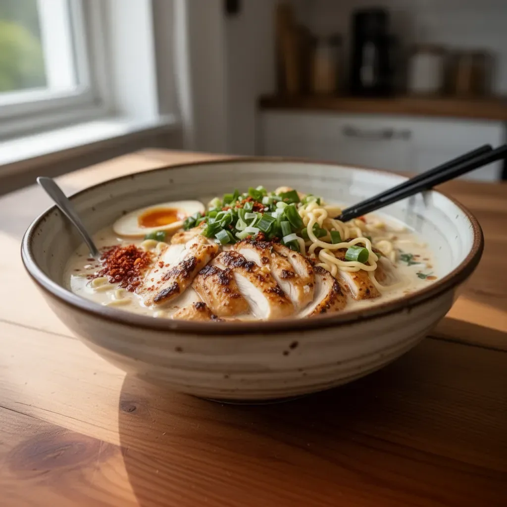 Kremowe Ramen z Kurczakiem i Czosnkiem na talerzu