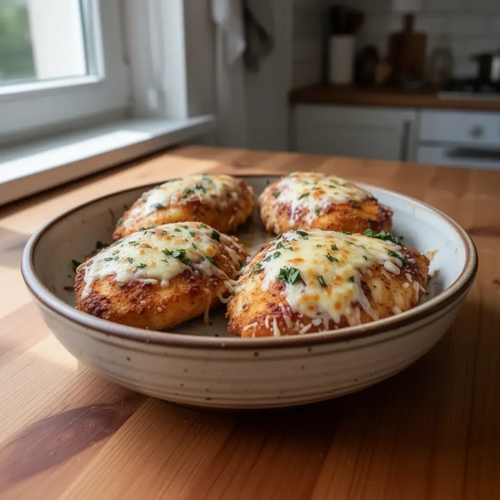 Kruche pieczone w powietrzu parmezańskie kurczaki na talerzu