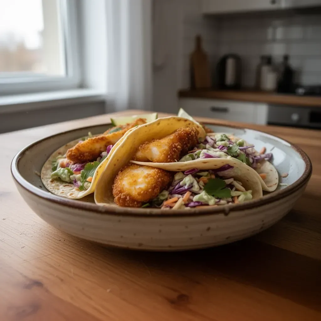 Kryte Tacos z rybą, kolendrą i limonką na talerzu