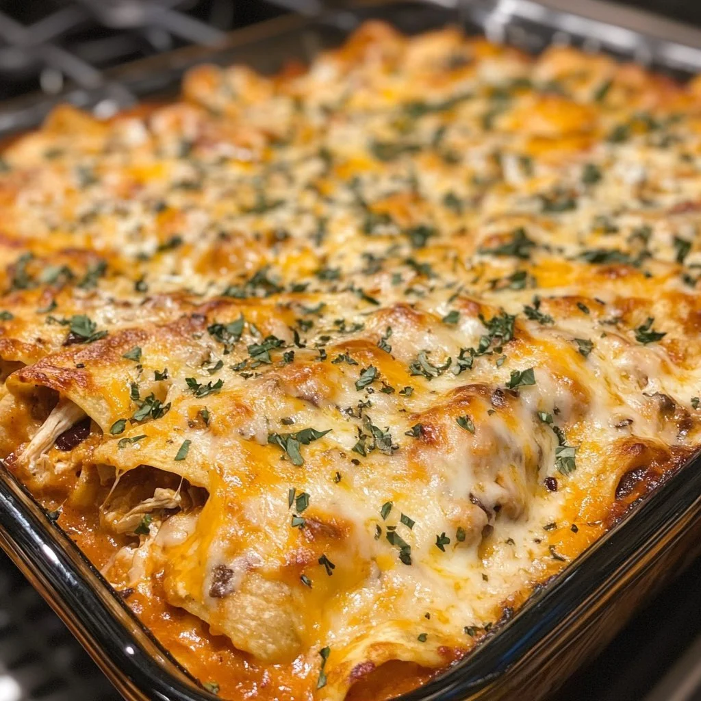 Kukurydziano-chicken enchilada casserole z warstwami kurczaka, sosu i kukurydzy