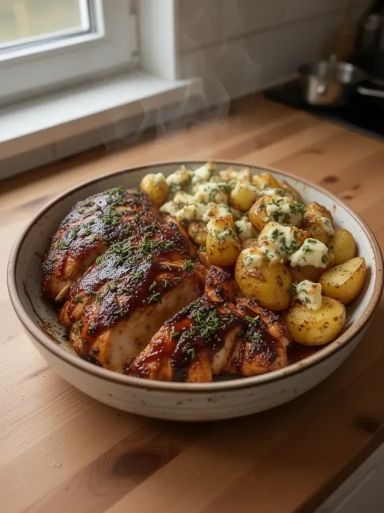 Kurczak BBQ z miodem i serowymi ziemniakami czosnkowymi