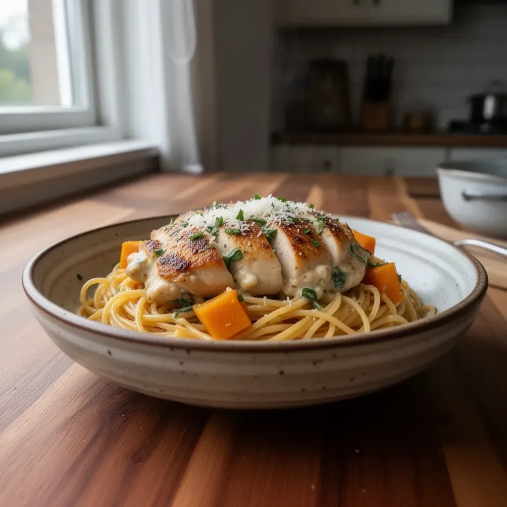 Kurczak czosnkowy z dynią spaghetti na talerzu