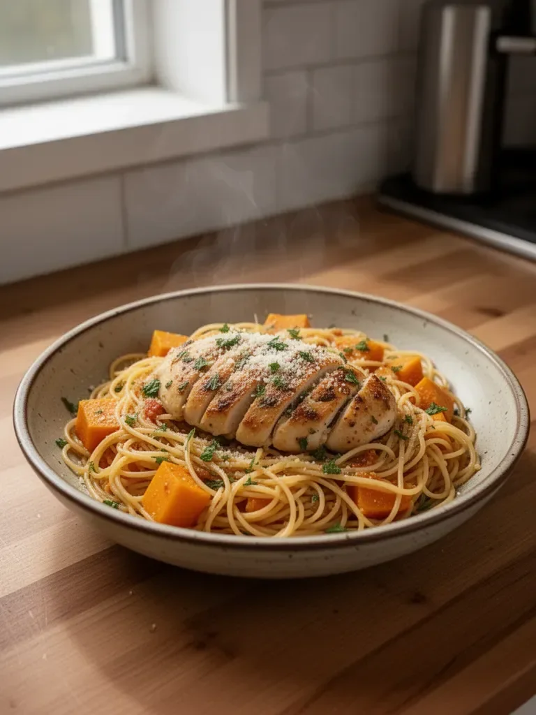 Kurczak czosnkowy z dynią spaghetti