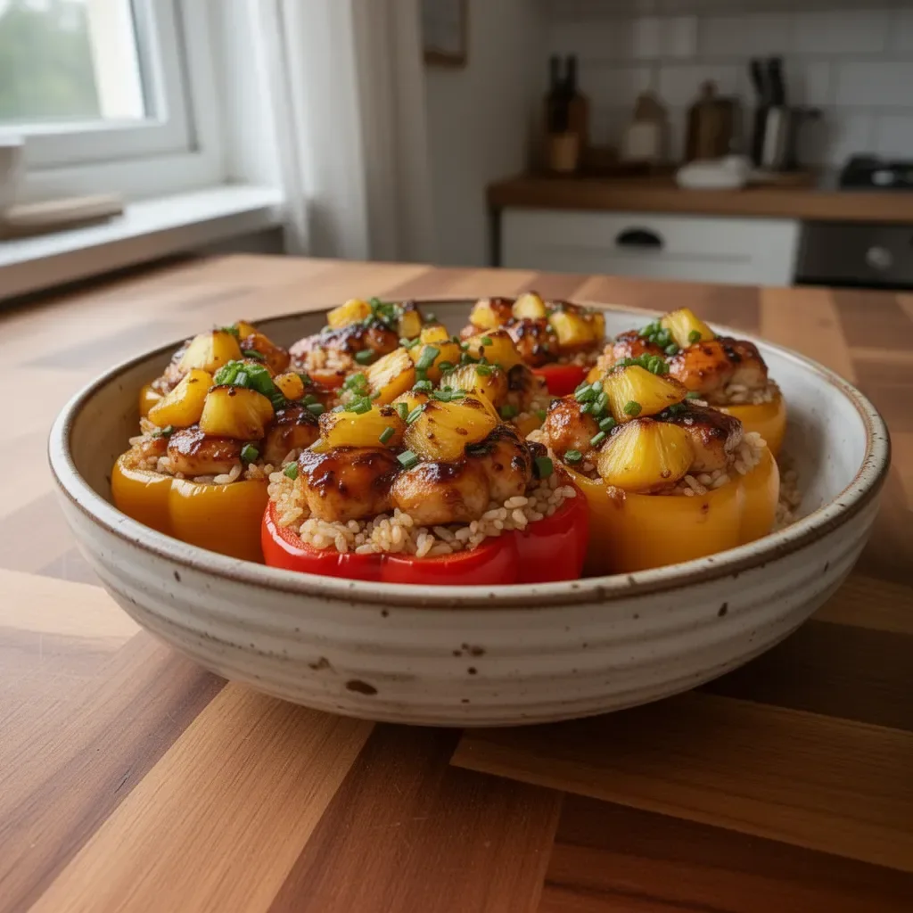 Kurczak teriyaki z ananasem i papryką faszerowaną ryżem na talerzu
