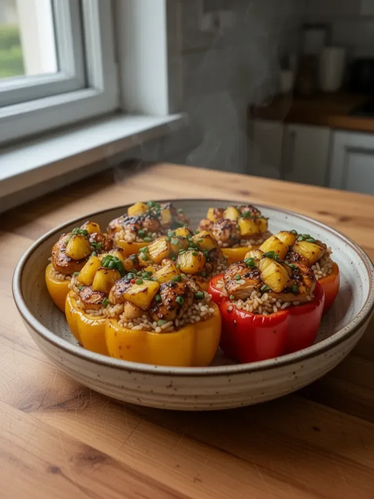 Kurczak w sosie teriyaki z ananasem i papryka faszerowana ryżem