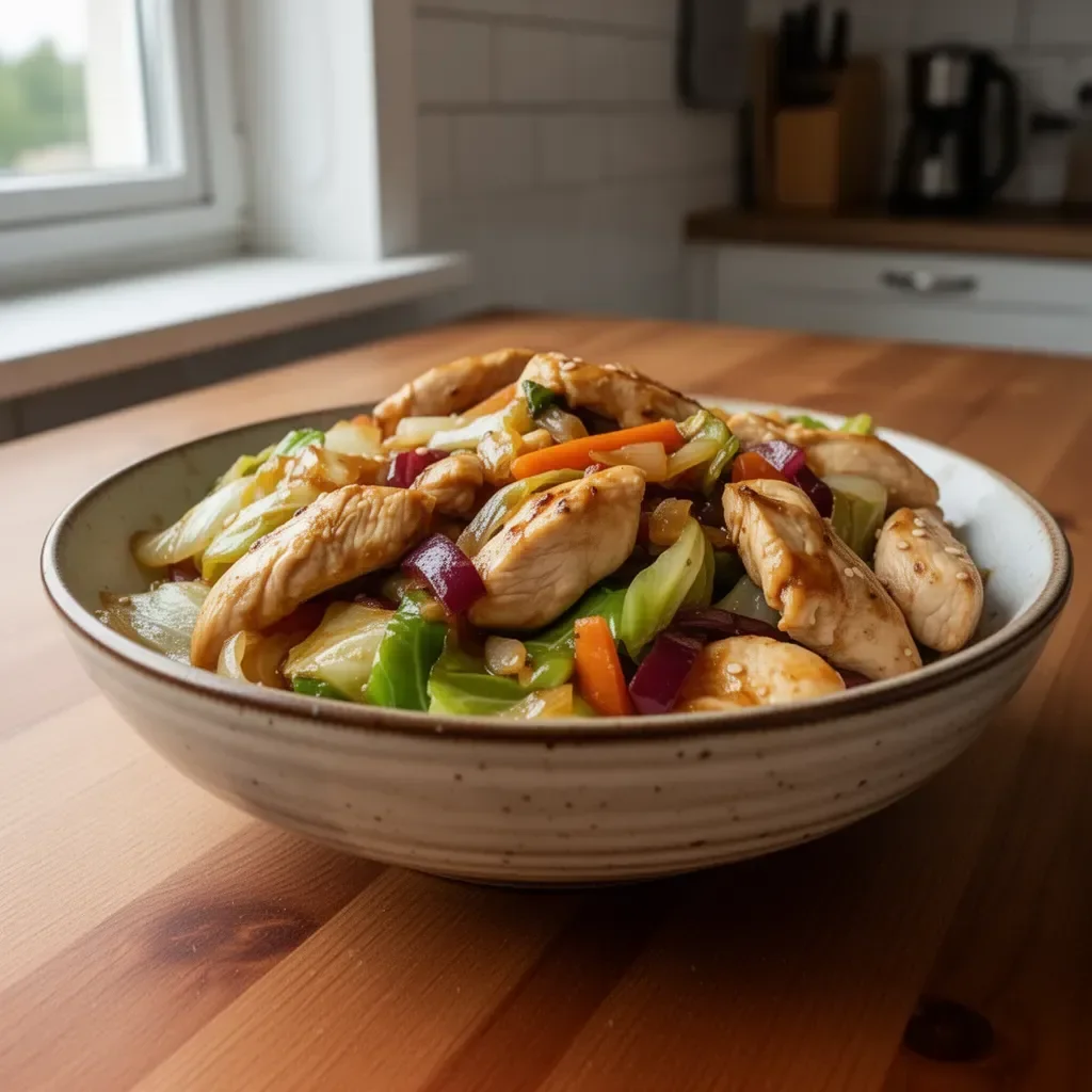 Kurczak z kapustą w stylu stir-fry na talerzu