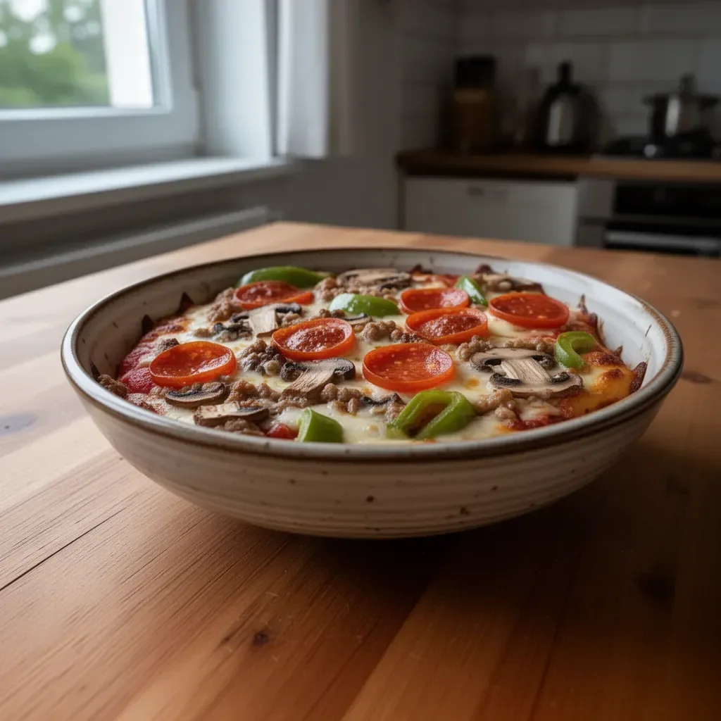 Niskowęglowodanowe casserole pizzy z warzywami i serem na talerzu