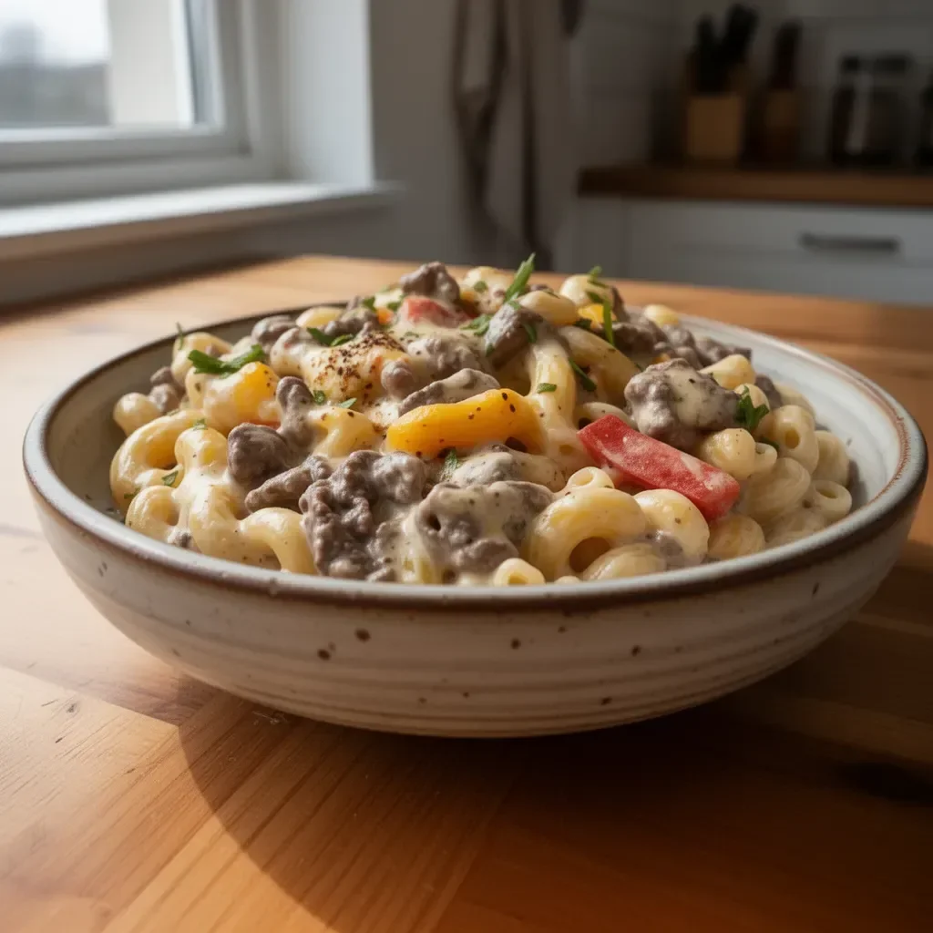 Makaron serowy z Philly Cheesesteak - przepis na wysokobiałkowe danie