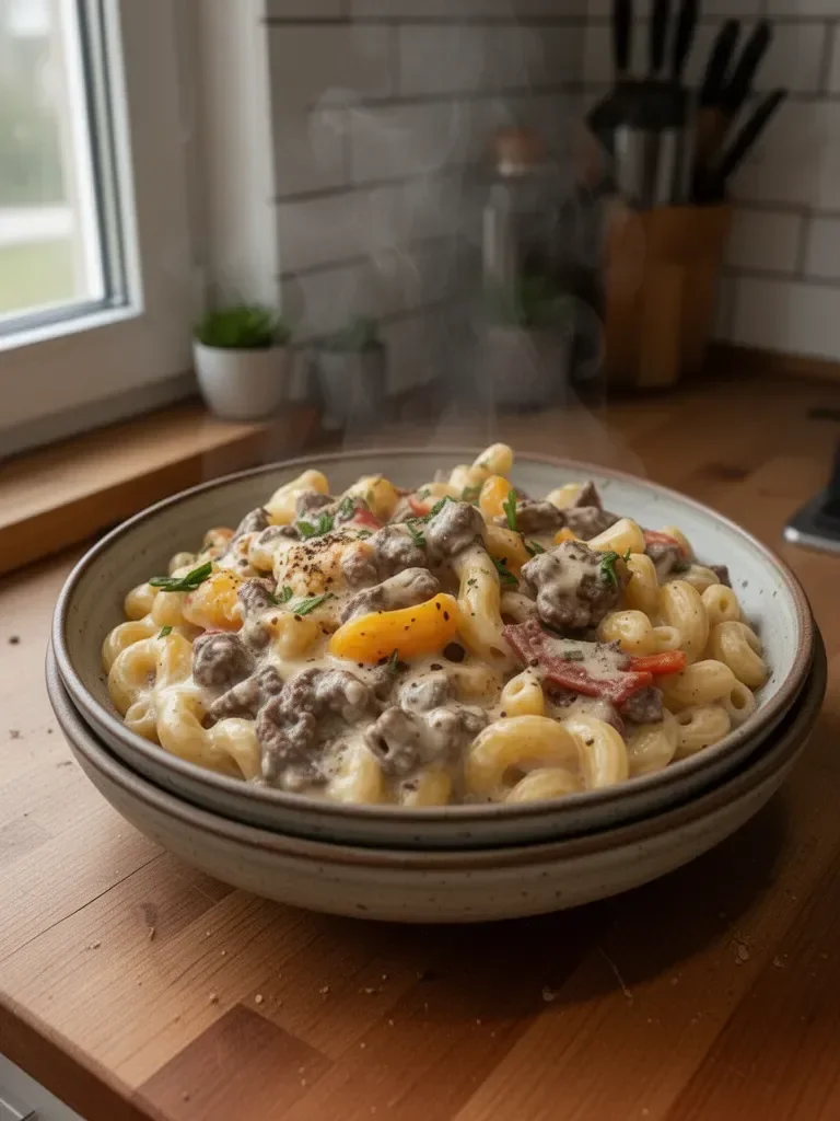 Makaron serowy z wysokobiałkowym kremowym Philly Cheesesteak