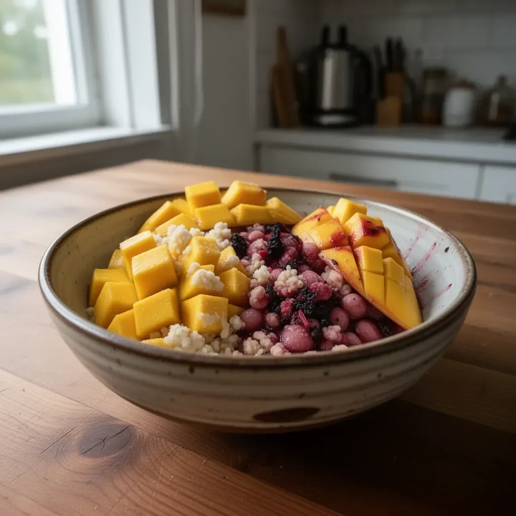 Herbata mrożona Mango Hibiskusowa w szklance z lodem i owocami.