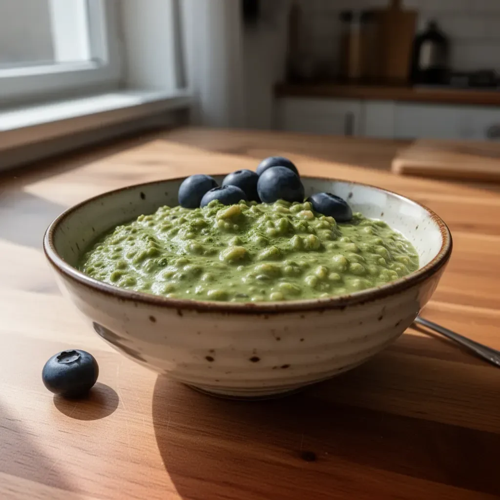 Miseczka matcha owsianek przygotowanych na noc, zdrowe składniki.