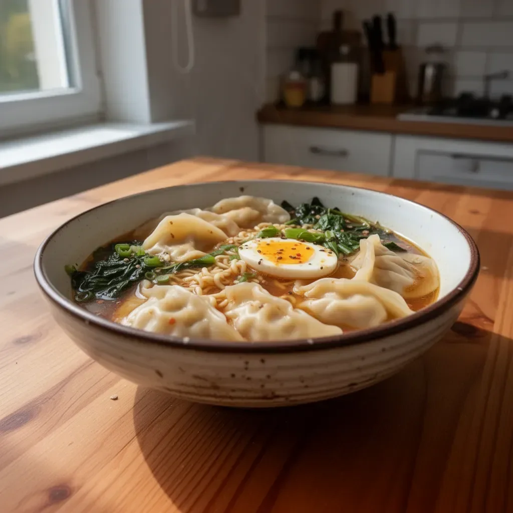 Miska Ramen z Pierogami - danie łączące ramen i tradycyjne pierogi.