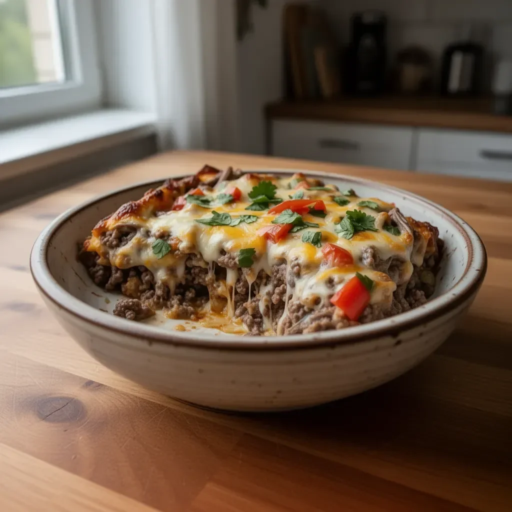 Niskowęglowodanowa zapiekanka Philly Cheesesteak z mięsem i serem