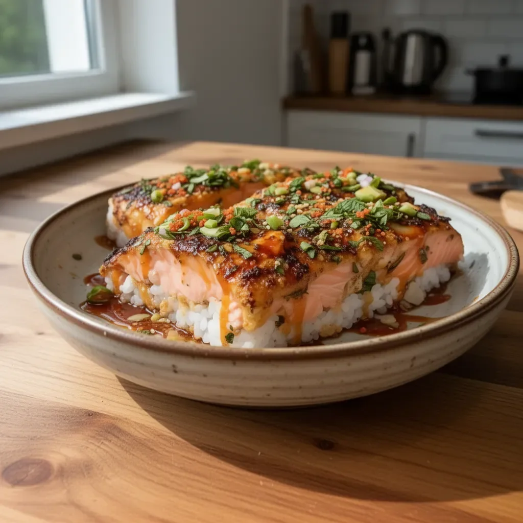Pikantne zapiekanki z sushi z łososiem na talerzu