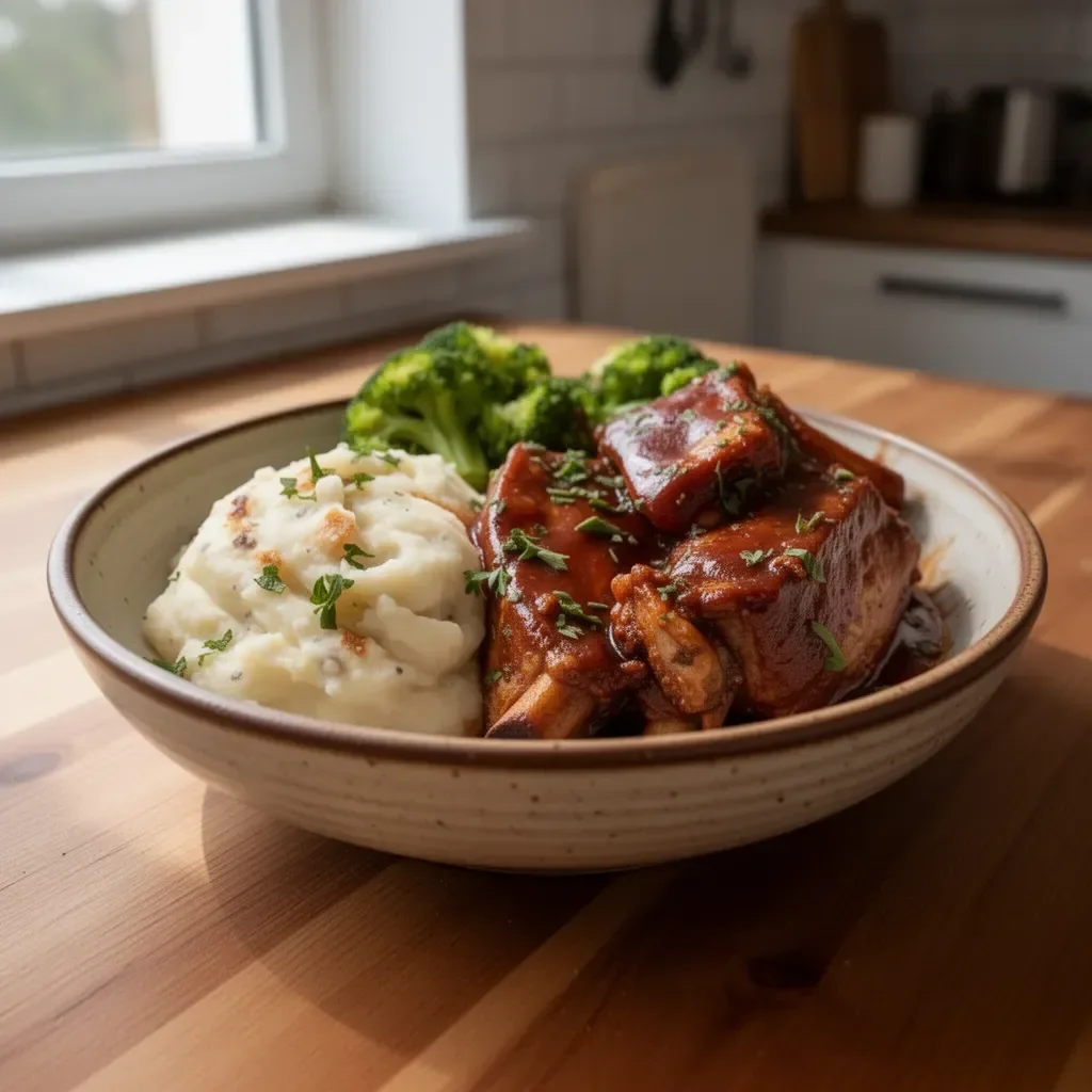 Powolna gotowana BBQ Żeberka Country na talerzu z dodatkami