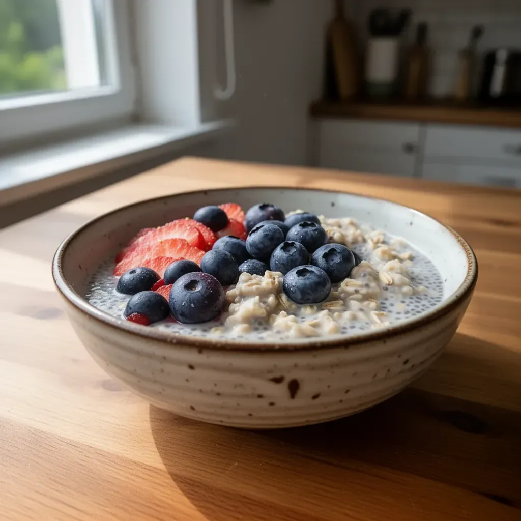 Bowl of simple overnight oats and chia pudding topped with fruits