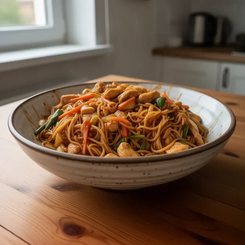 Przepis na Chicken Lo Mein w przygotowaniu z makaronem i kurczakiem.