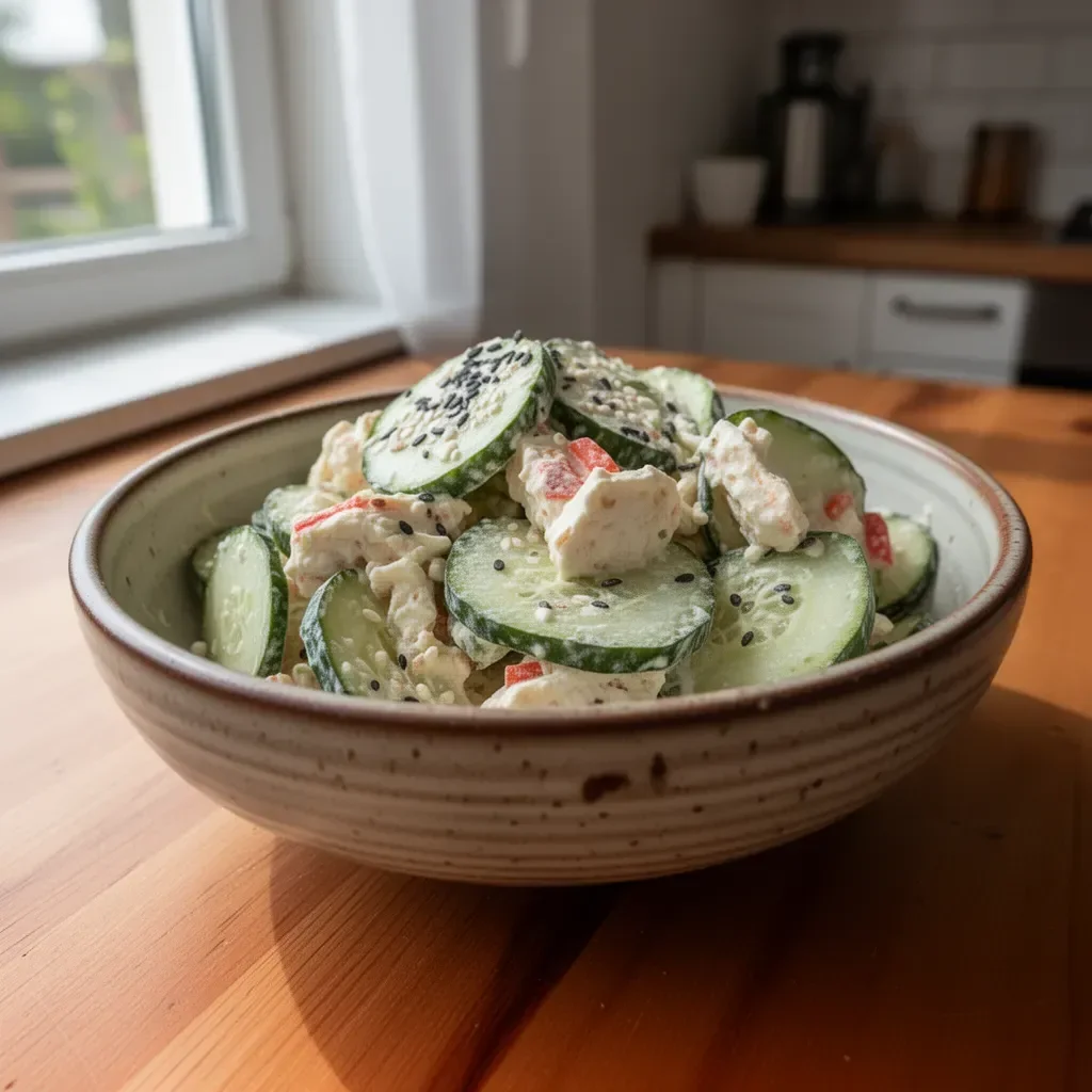 Sałatka z ogórka California Roll na talerzu z dodatkami.
