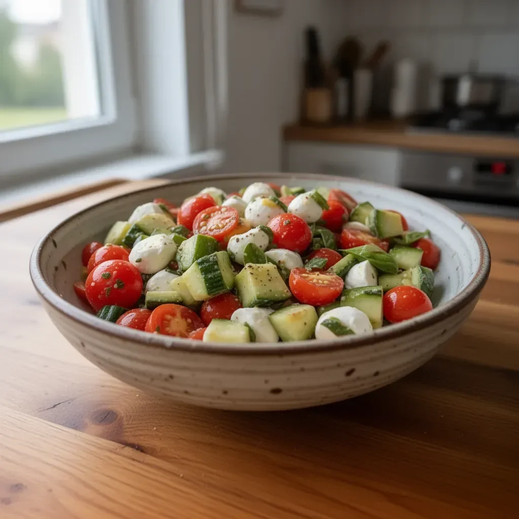 Sałatka z ogórkiem i mozzarellą na talerzu