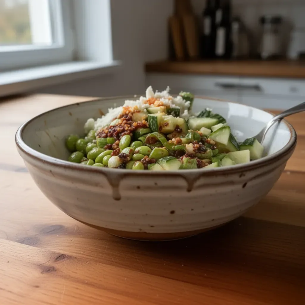 Sałatka z pikantnych ogórków i edamame w kolorowym naczyniu