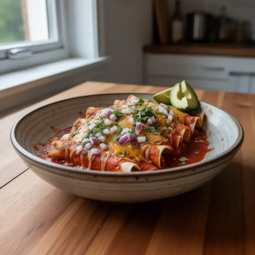 Słoneczne Enchilady Whole30 na talerzu z świeżymi składnikami