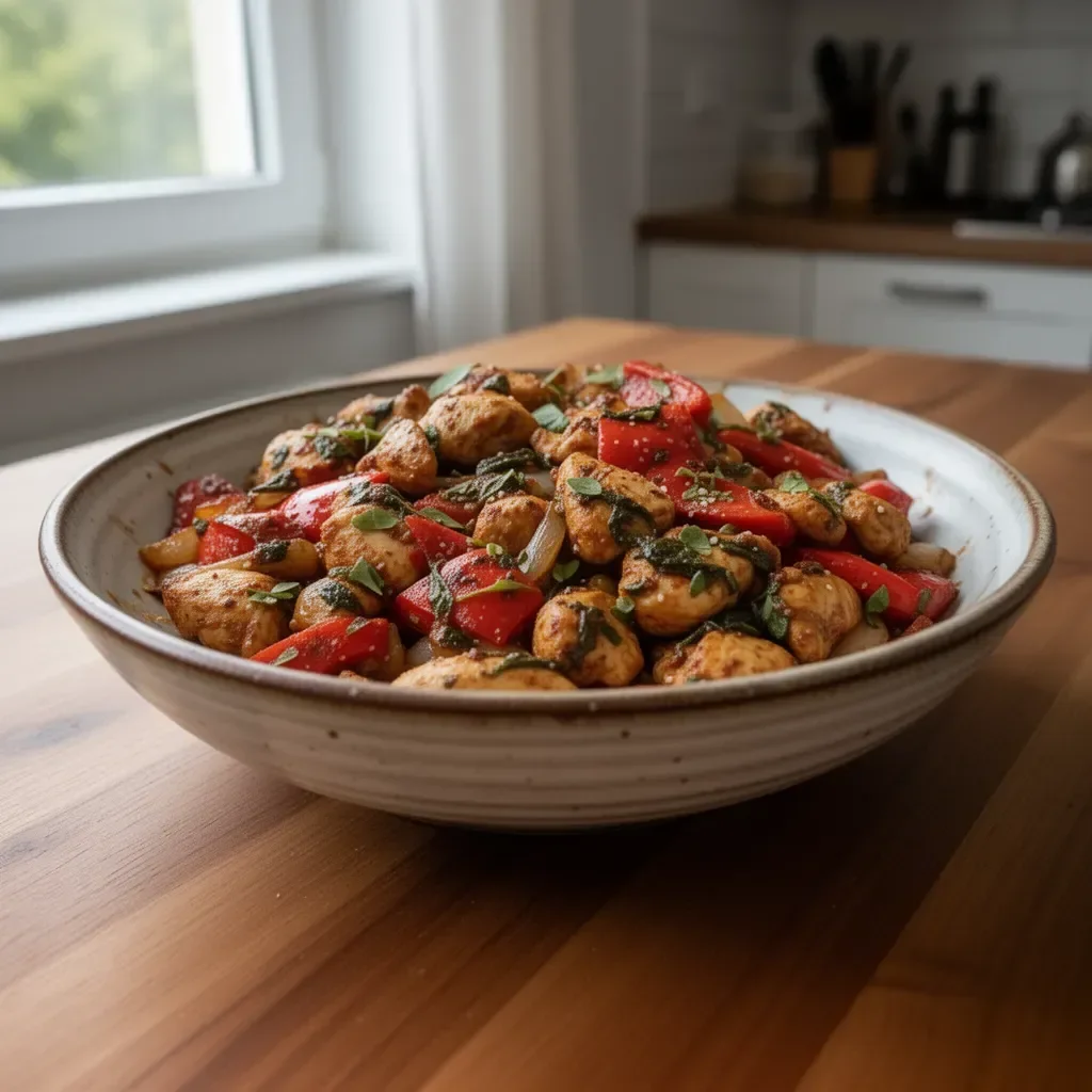 Stir fry z kurczakiem w stylu śródziemnomorskim na talerzu