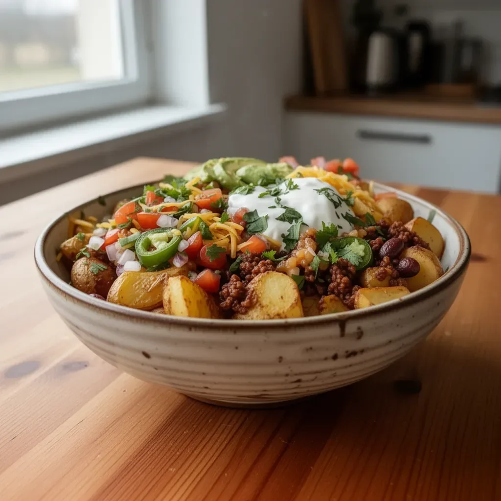 Taco bowl z nadzieniem ziemniaczanym na talerzu